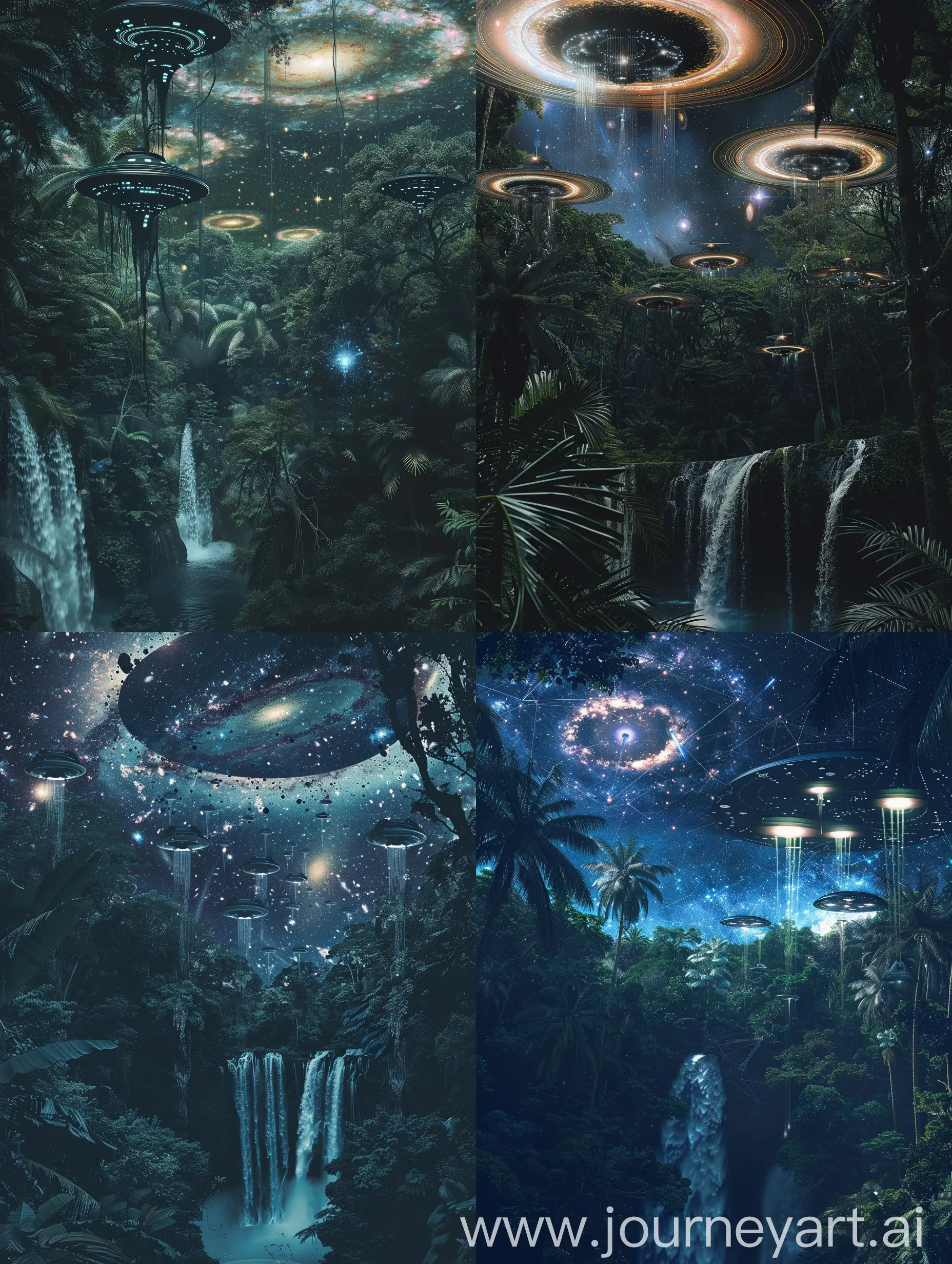 Dark forest jungle with dark night with galxy hols flying alien speaceships with water fall flying aliens creatures goematric patterns