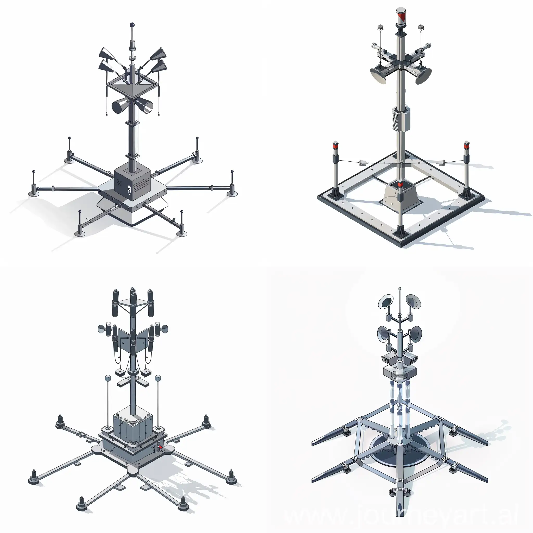 small minimalist simple metallic structure and six metallic arms around the structure for ground support with a one pole structure in the center like a mast with a vertical arrangement of sirens horns facing the same direction on the top of the pole, with a vshape front for hauling, simple illustration, extremely low detailed, stencil for Visio, isometric, white background, warning alert, icon type, industrial structure, no futuristic
