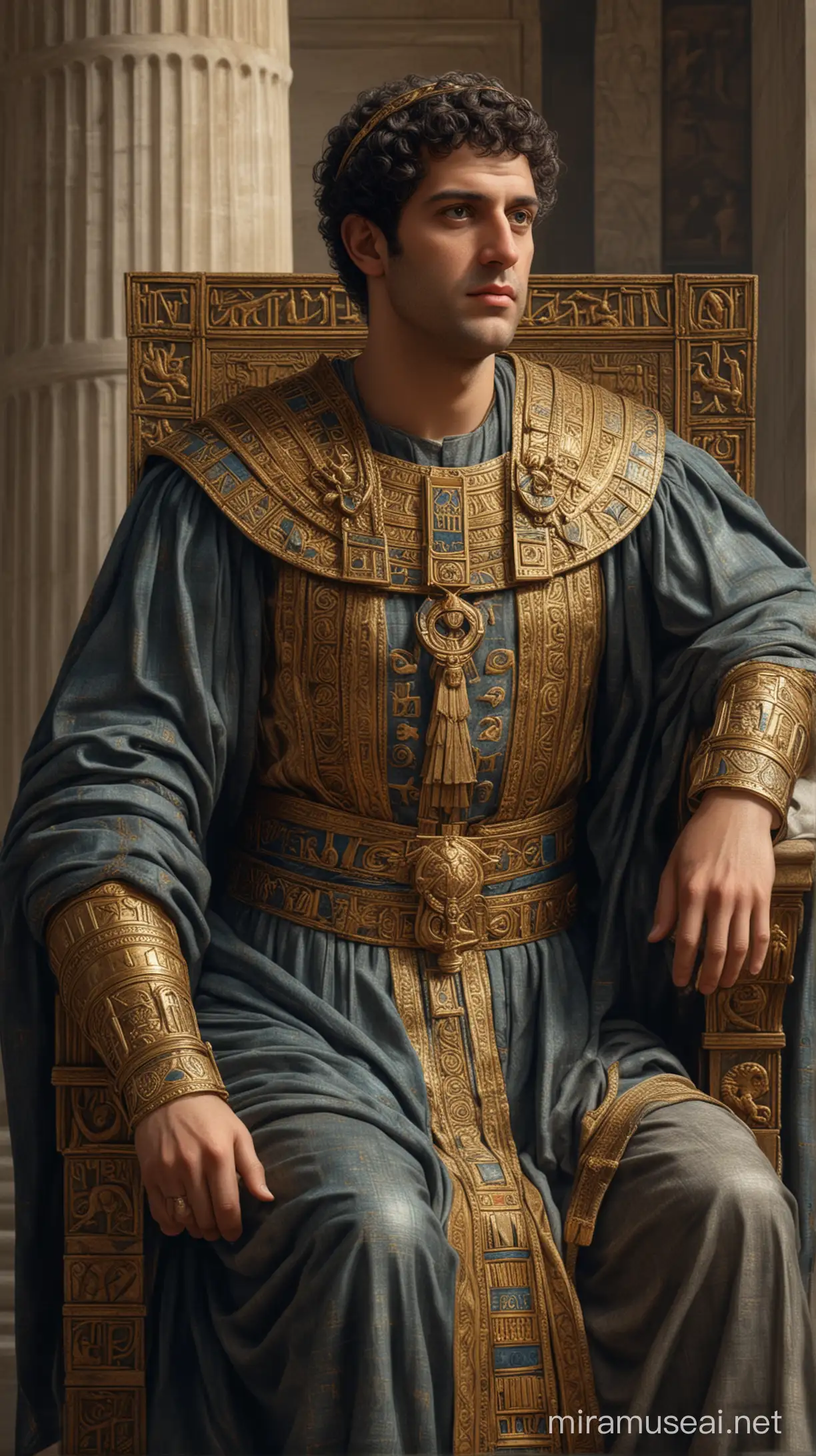 Generate an AI image depicting Ptolemy I Soter, the inaugural ruler of Alexandria, exuding regal authority and wisdom. Envision him adorned in royal attire, seated upon a throne or amidst grand architecture, with a demeanor that reflects his pioneering leadership and the founding of one of the most renowned cities of the ancient world. Hyper realistic