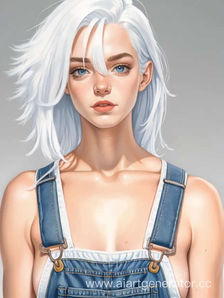 Young white woman with white hair wearing overalls with no shirt