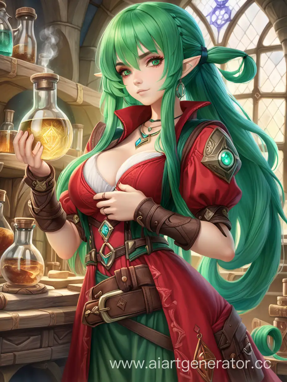 Fantasy-Alchemist-with-Green-Hair-and-Enchanting-Red-Attire