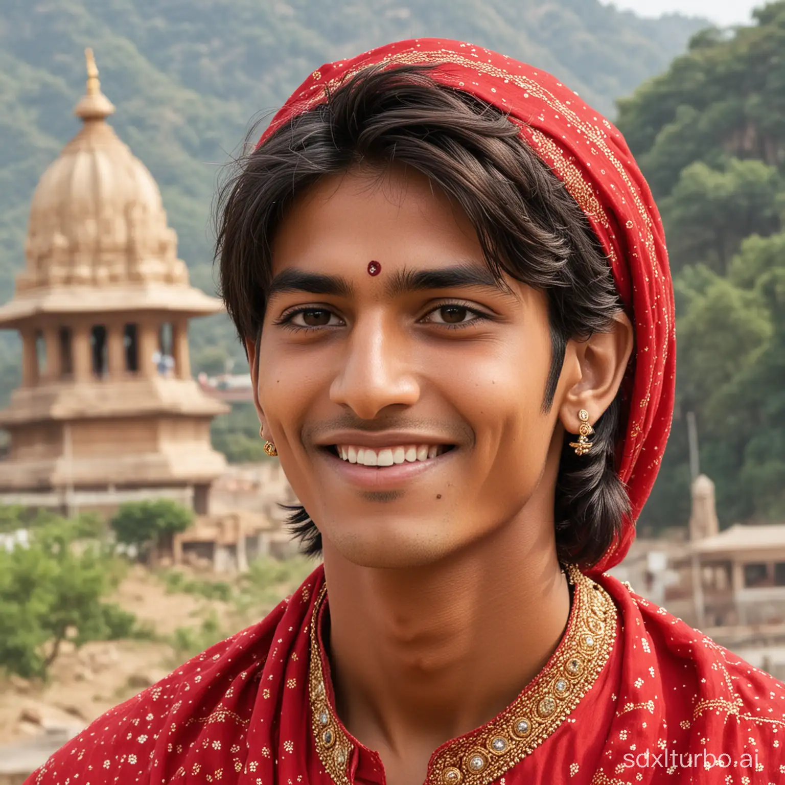 An Indian teenager, skinny boy with a little dark color and slightly long hair, not too much, a little muscular, approximately 20 years old, with a diamond face shape. He wears a red kurta and has a lot of blackheads on his face. His skin is darker, and he is not wearing any accessories on his ears. He is smiling and sitting in a temple, with the Indian Sharda Maa temple looking amazing in the background.