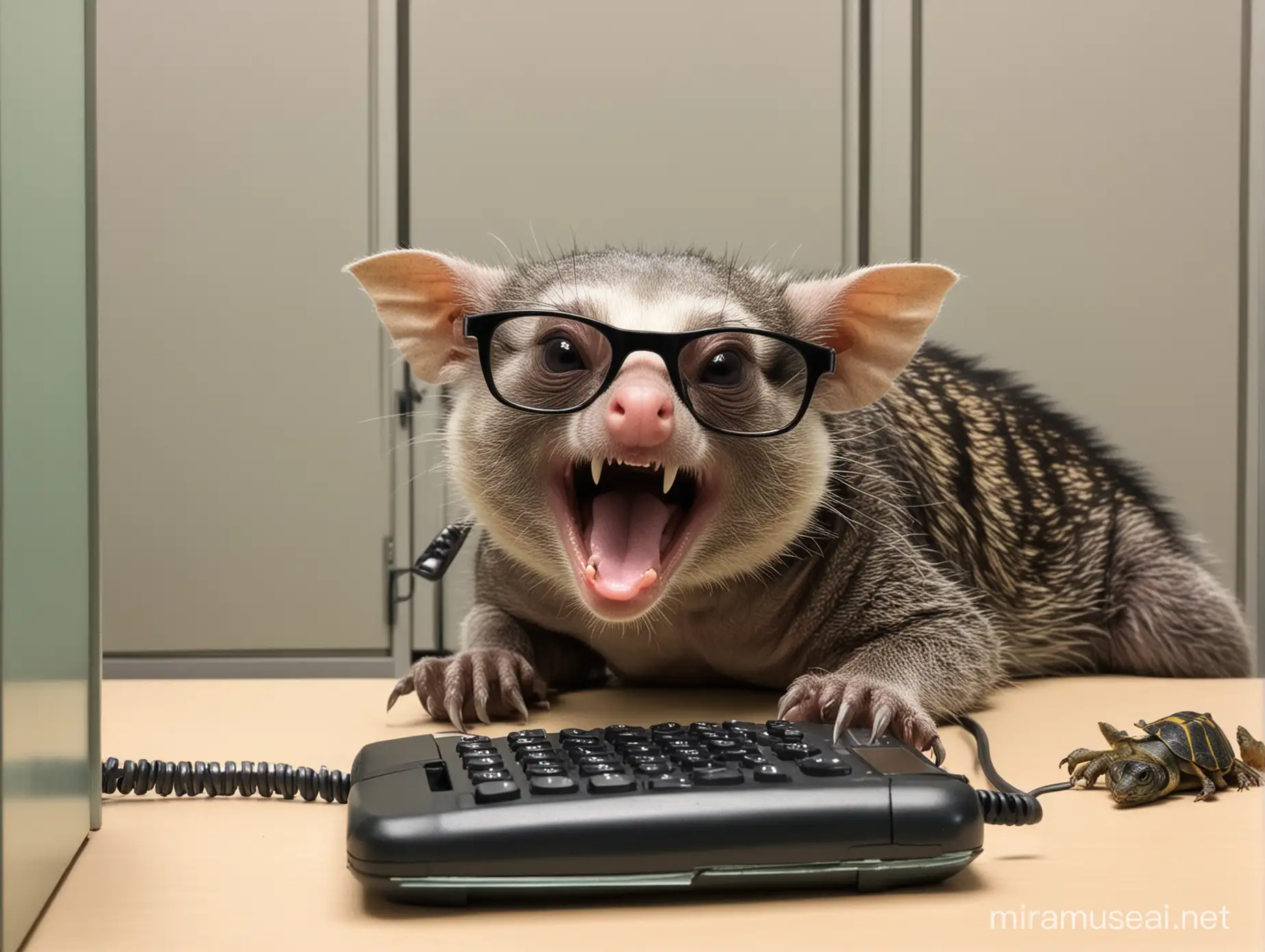 a screaming possum wearing glasses on the phone, in the next cubicle a turtle is sleeping at its desk