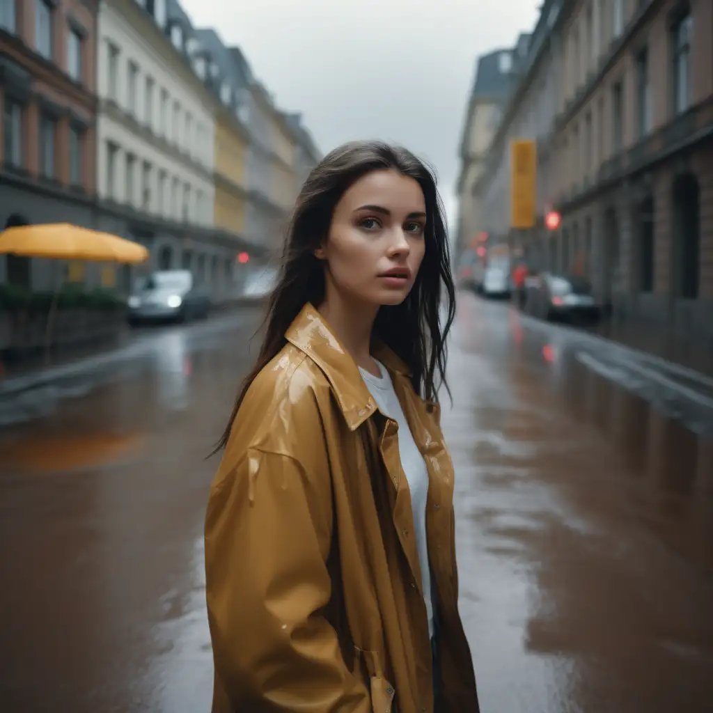Brunette Model Walking City Streets in Stormy Rain with Kodak Gold 400 Film Aesthetic