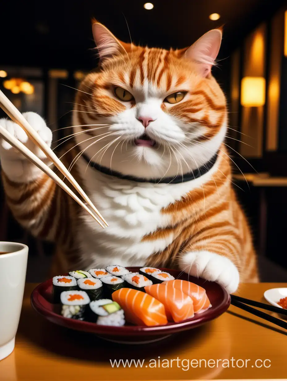 Joyful-Fat-Cat-Ginger-Enjoying-Sushi-with-Chinese-Chopsticks