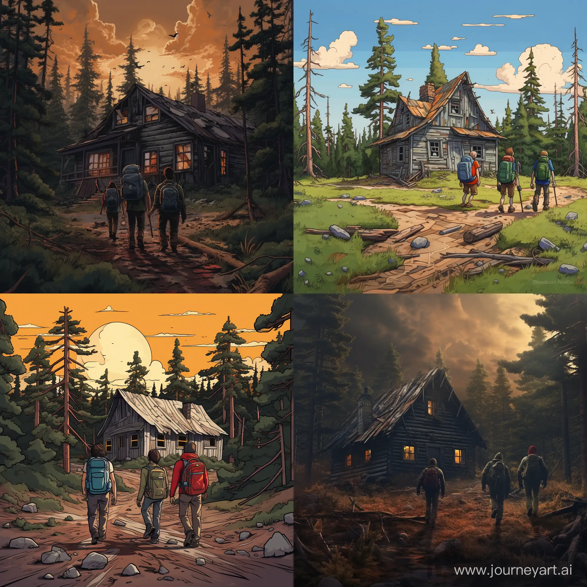 Three-Tired-Travelers-Approaching-Old-Cabin-in-Pine-Forest