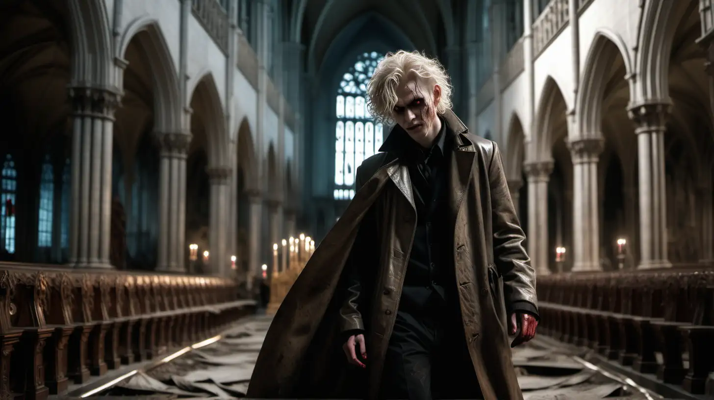 A cinematic scene shot on a Nikon EM 35mm, wide angle shot from top of a young slender nordic man with curly mulet platinum hair dressed in a long dusty leather coat, walking in a gothic cathedral, realistic, high detail, golden eyes, threatening glare, mad smile, scar on the left eye, blood trail on the neck