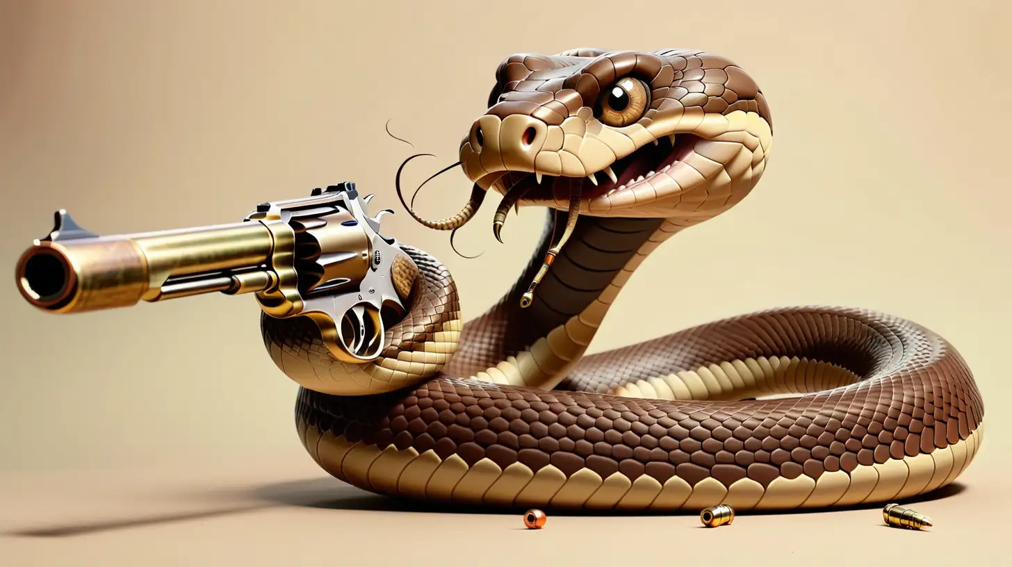Imagine/ A snake with a round head, color brown along the back and tan along bottom, holding a gun with its tail, shooting bullets from the mouth