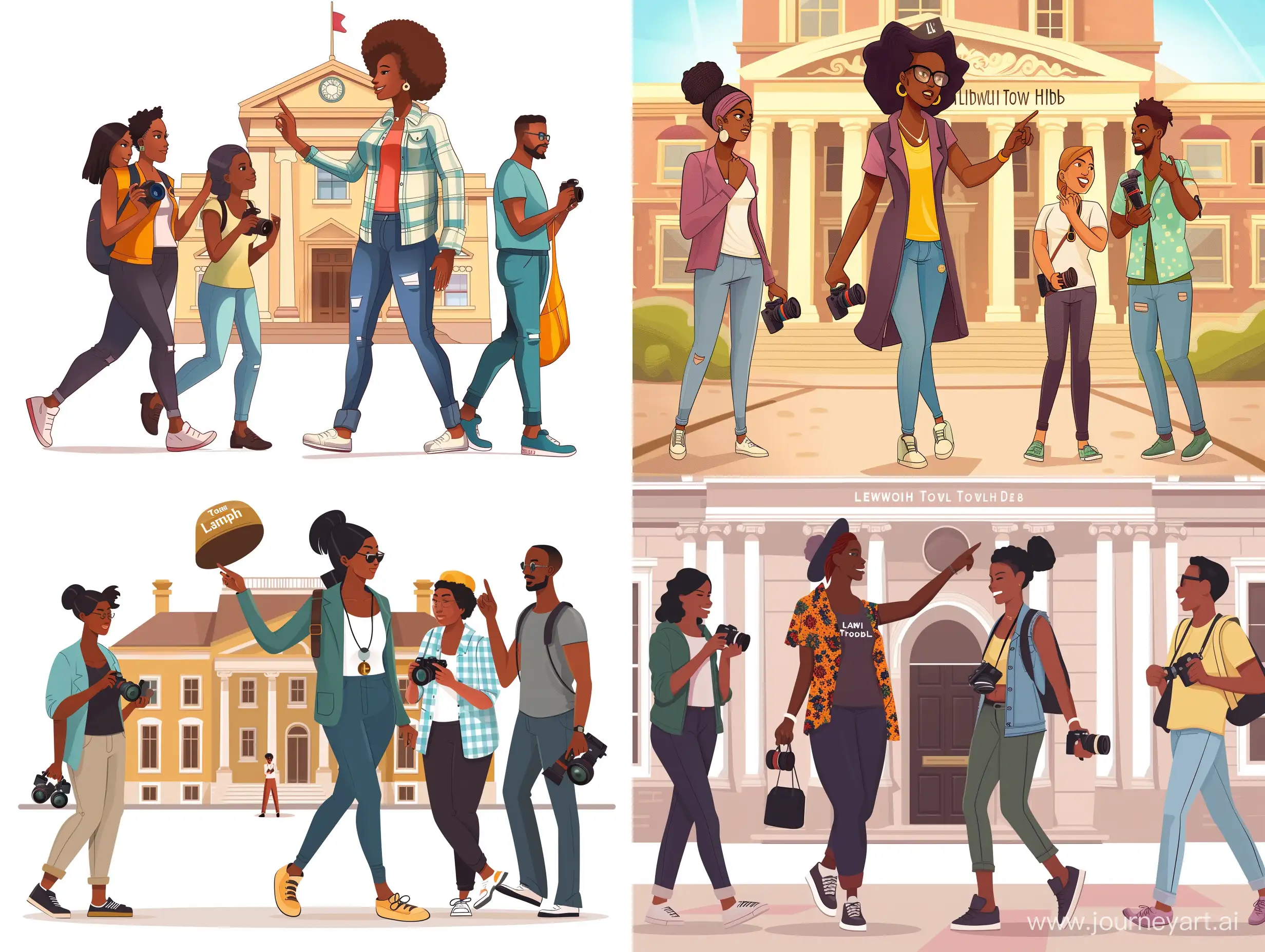 Colourful Cartoon style, black woman tour guide walking and pointing at Lambeth Town Hall, walking with two casually dressed black women and one black man holding cameras