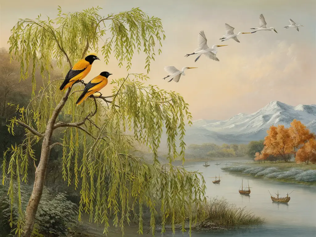 Two orioles sing among the green willows, a line of white egrets flies into the blue sky. The window holds the thousand-autumns' snow of the western mountains, while the door moors the ten-thousand-mile ship of Dongwu.