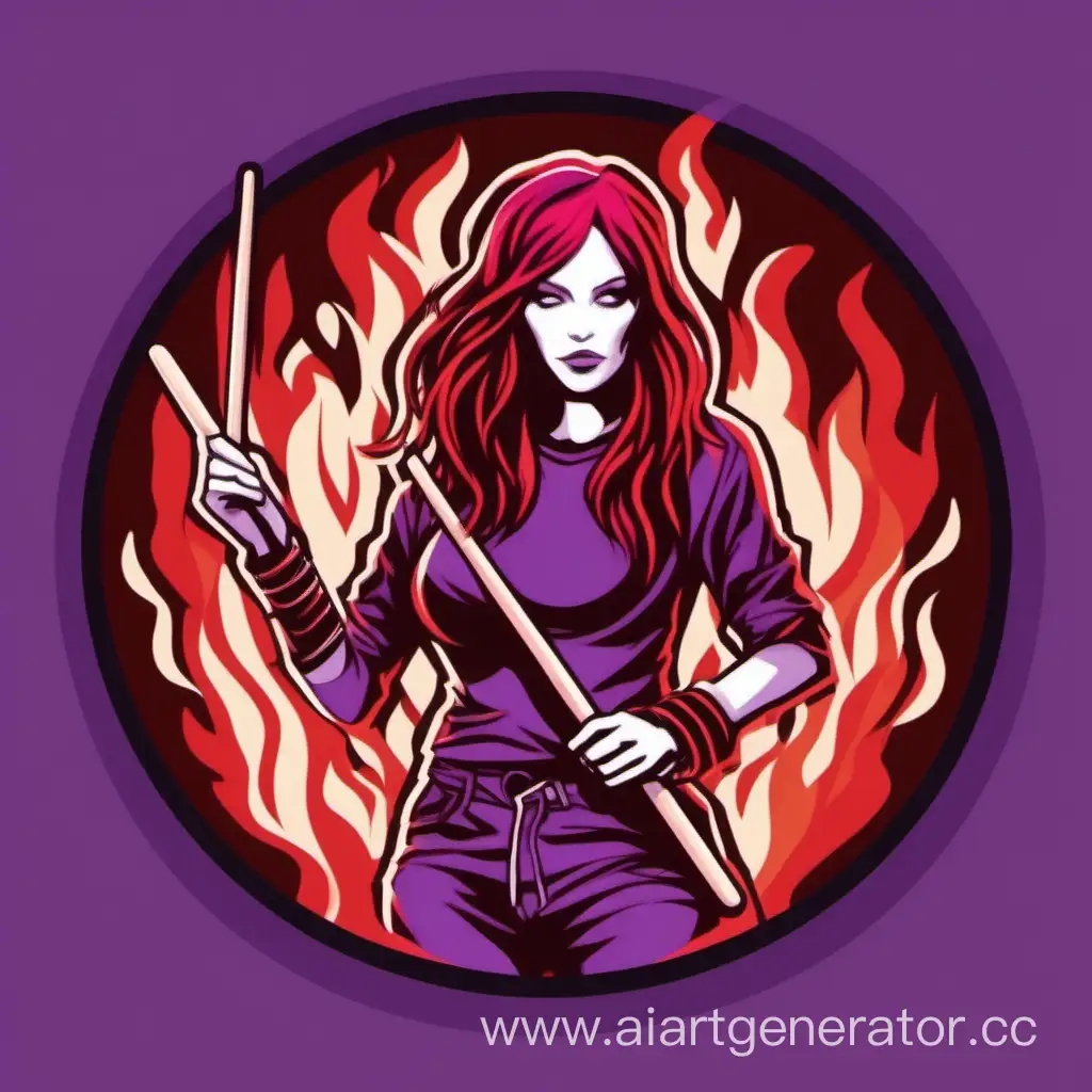 Circle icon with purple and red fire with red-hair drumgirl with drumsticks in the center