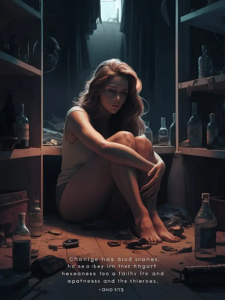 digital painting of a beautiful woman portraying a person isolated and lonely in a dimly lit apartment, surrounded by empty bottles and discarded belongings. The individual is lost in their thoughts and struggles with mental health issues, seeking solace in solitude and darkness. The painting conveys the modern experience of emotional turmoil and inner darkness, resonating with the verse's depiction of individuals choosing to dwell in darkness rather than seek the Light of truth and healing.