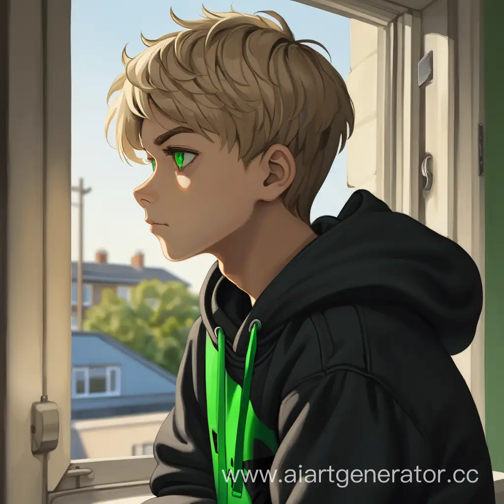 A boy with beige short hair. Bright green eyes. He looks sadly out the window. He is wearing a dark hoodie and dark trousers.