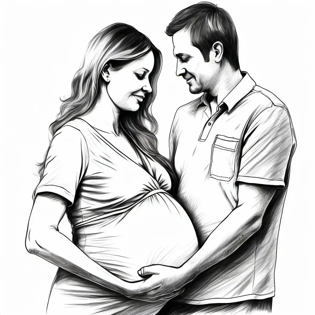 Create a hand sketch of a  pregnant woman and her husband.

All the drawing should fit in the image.
No colors. White background. No shades. Background : FFFFFF