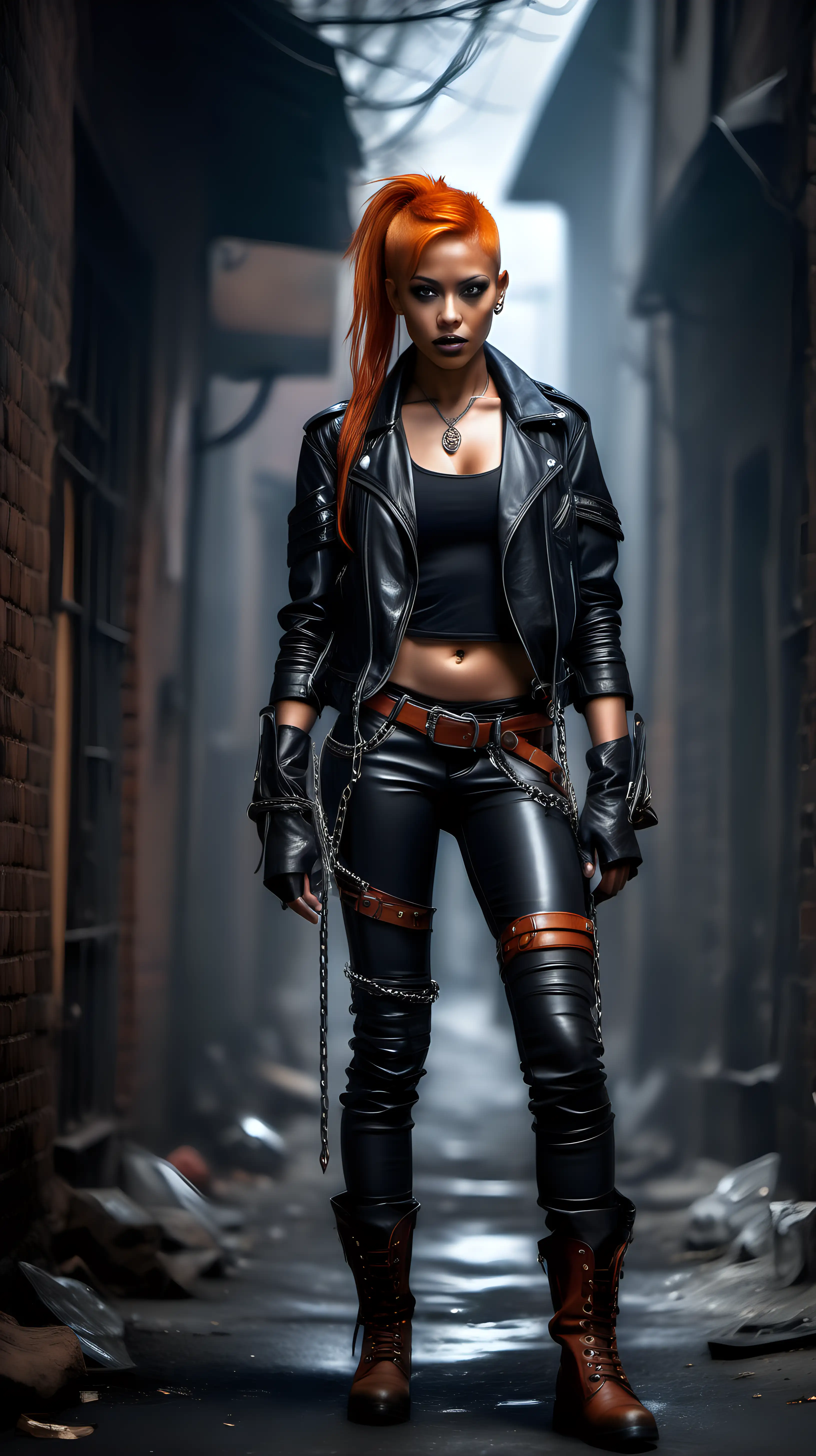Muscular petite rogue with leather clothes and orange hair, brown skin, pony tail, amulet on a silver chain, leather jacket, leather boots, leather pants, backpack, fantasy style, full length portrait, dark foggy alley
