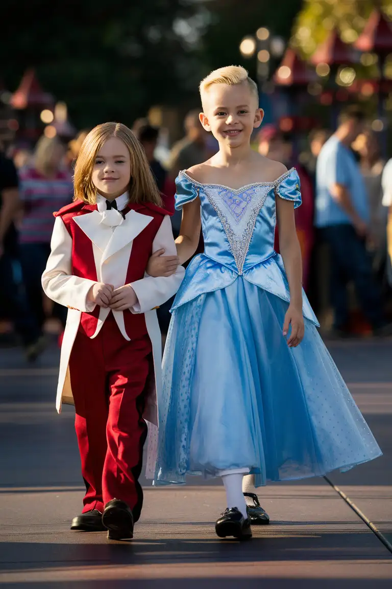 Photograph of a cute 7-year-old little blonde boy with short smart hair shaved on the sides, he is walking with his 6-year-old long-haired sister with long curly hair at Disneyland, the girl is wearing a red and white prince suit, the boy is wearing a elegant blue Cinderella princess dress, English, adorable, perfect faces, perfect faces, smooth Skin