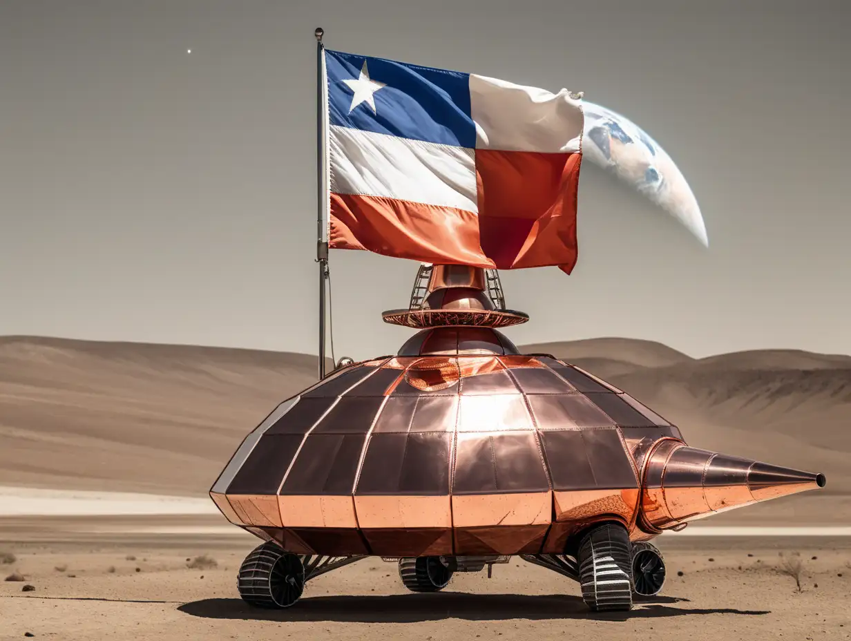 A SPACESHIP made out of copper is launch into space. it waves the chilean flag