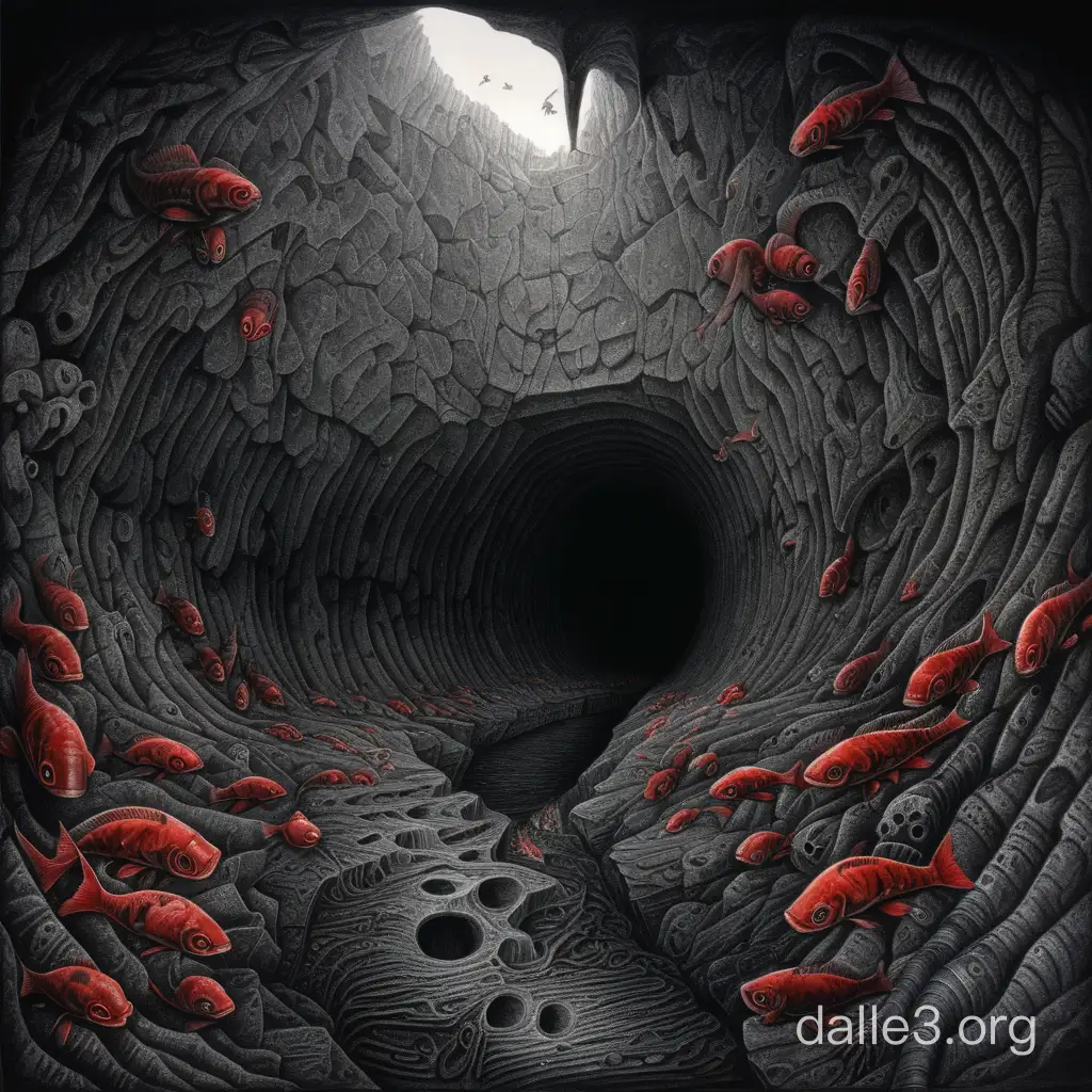 hellish eared face, closed cave, in the foreground, a long-eared mug looks close to the camera, fish-eye, deep holes, parallel, dark holes, between two top and bottom coal strongholds, in the middle of bitumen, with devils and vipers, pencil graphics, surrealism, palette black cinnabar,insanely detailed and intricate,Hyper detailed