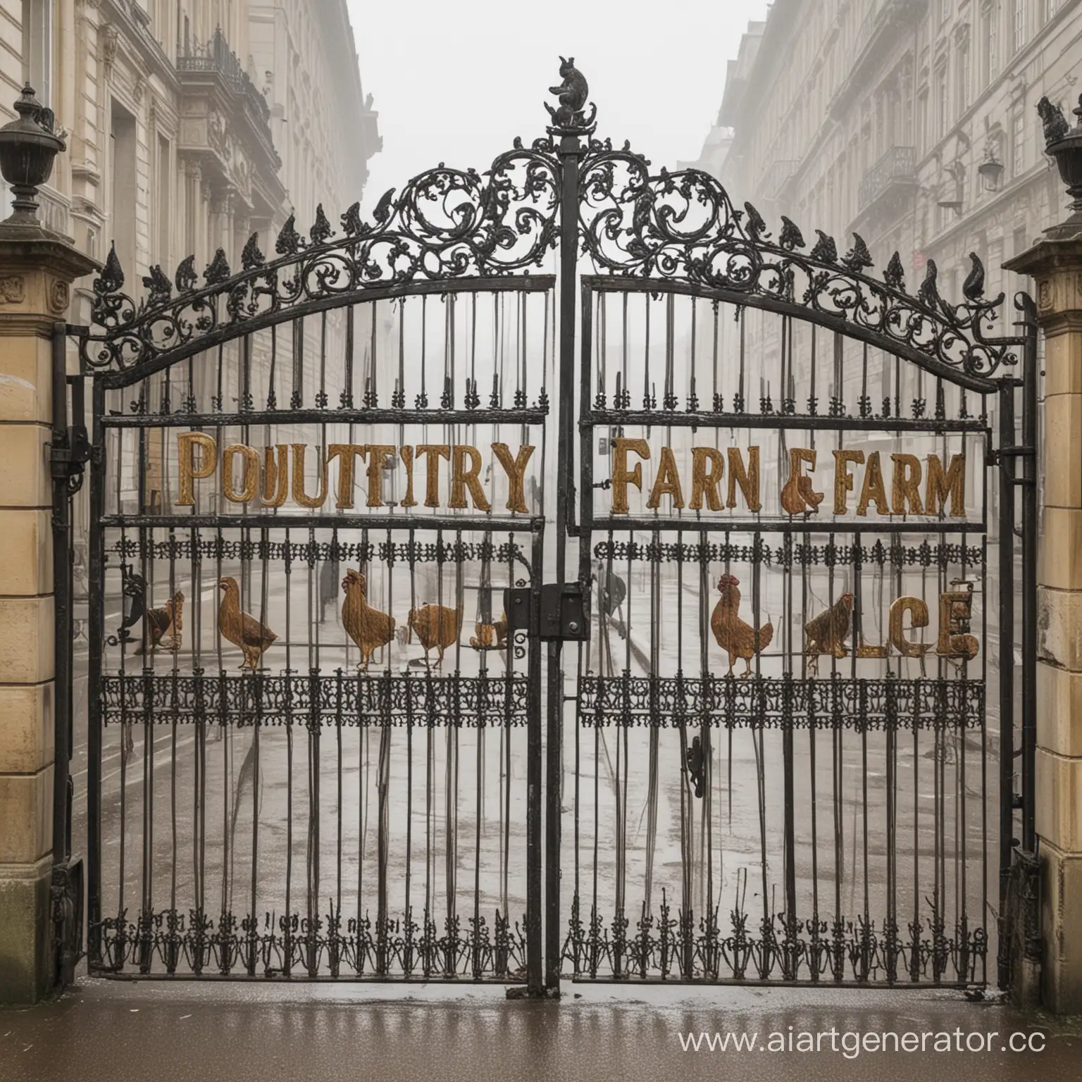 Вывеска "Птицефабрика" на воротах дворца в дождливый день