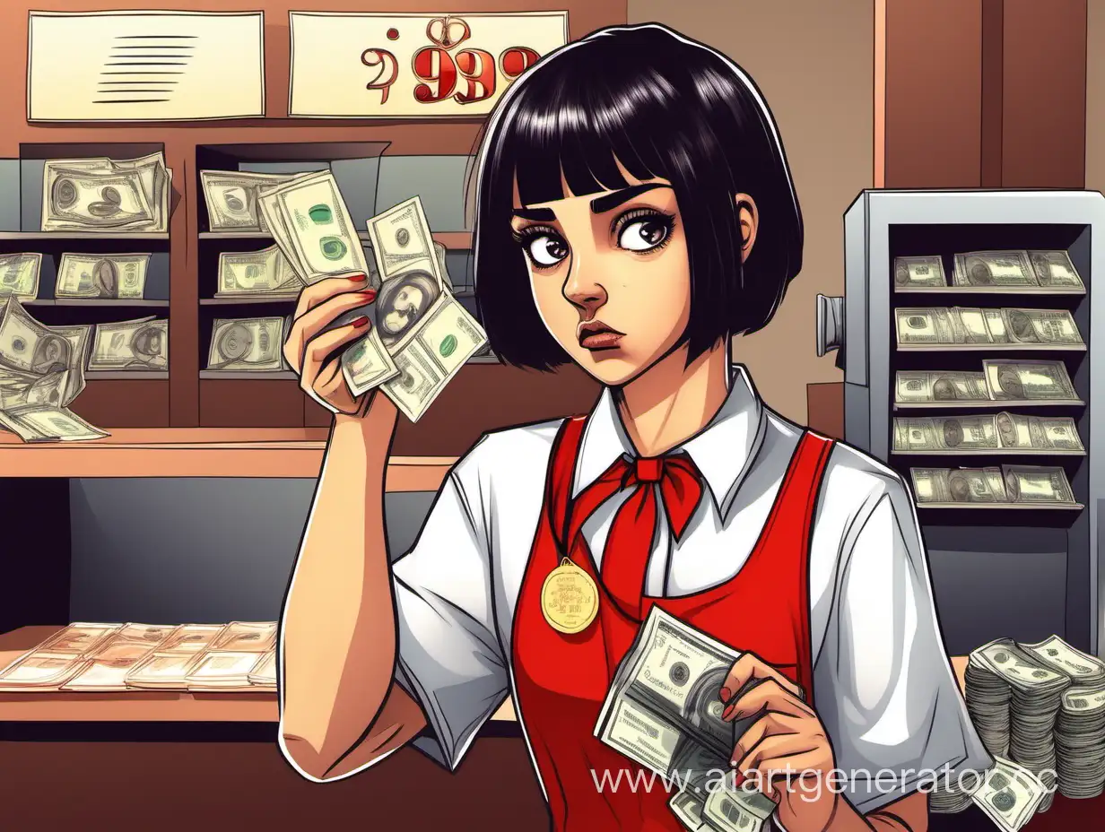 Disappointed-DarkHaired-Girl-with-Diploma-and-Medal-at-Cash-Register