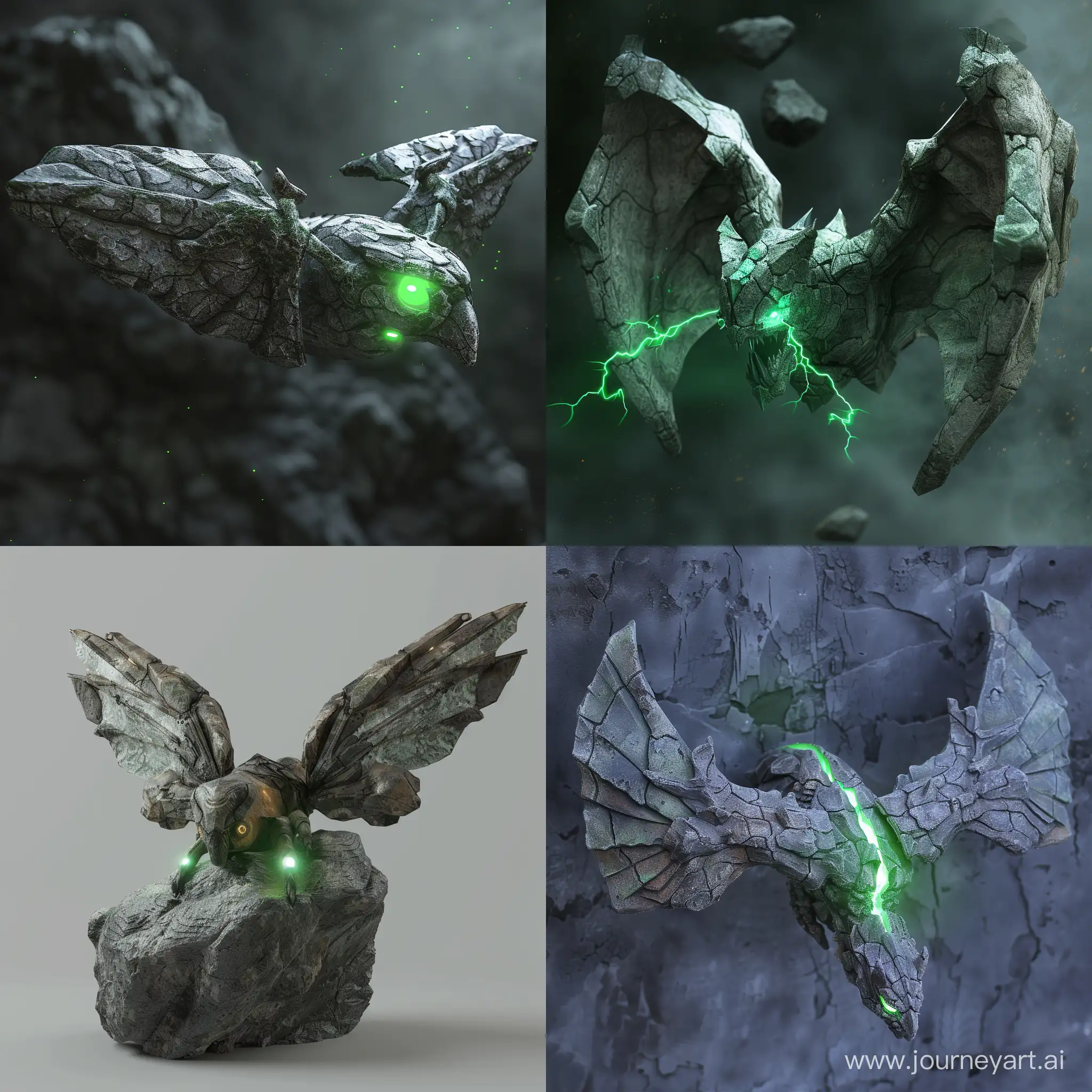 монструозное каменное летающее существо с зеленным свечением
