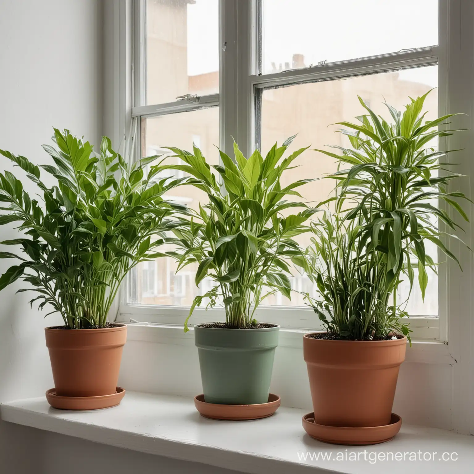 three different green plants in pots standing in row by the window