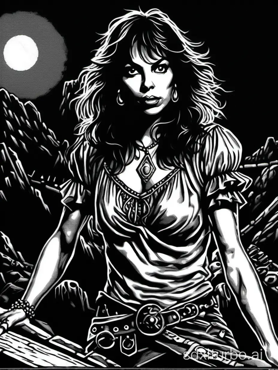 a Susanna Hoffs:gypsy asking the viewer for help, at night, happy expression, dreadful dark and moody atmosphere, close up, 1bit bw, style of 1981 Basic Dungeons and Dragons, by Jeff Dee,