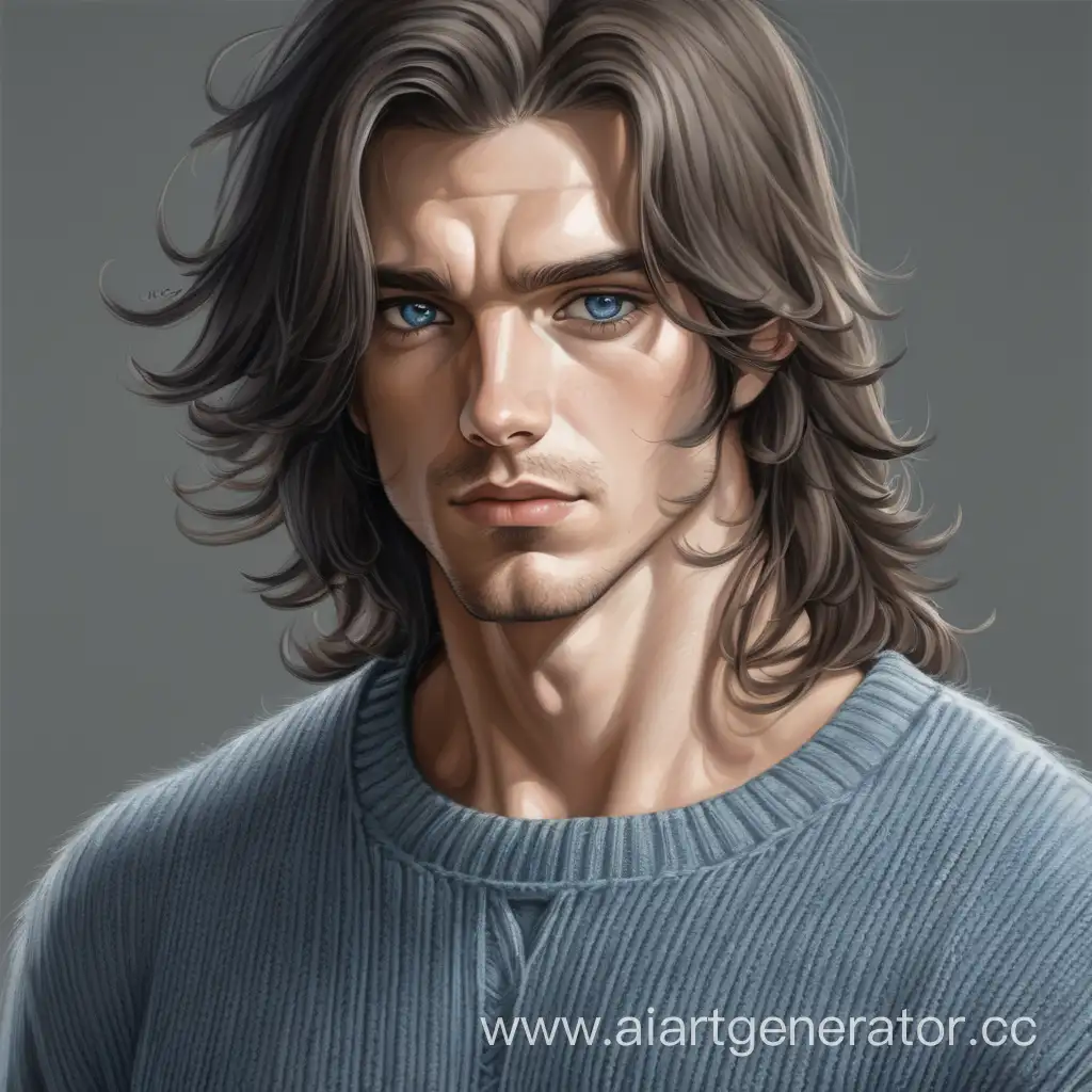 Brunette-Guy-in-Stylish-GrayBlue-Sweater-SemiRealism-Portrait