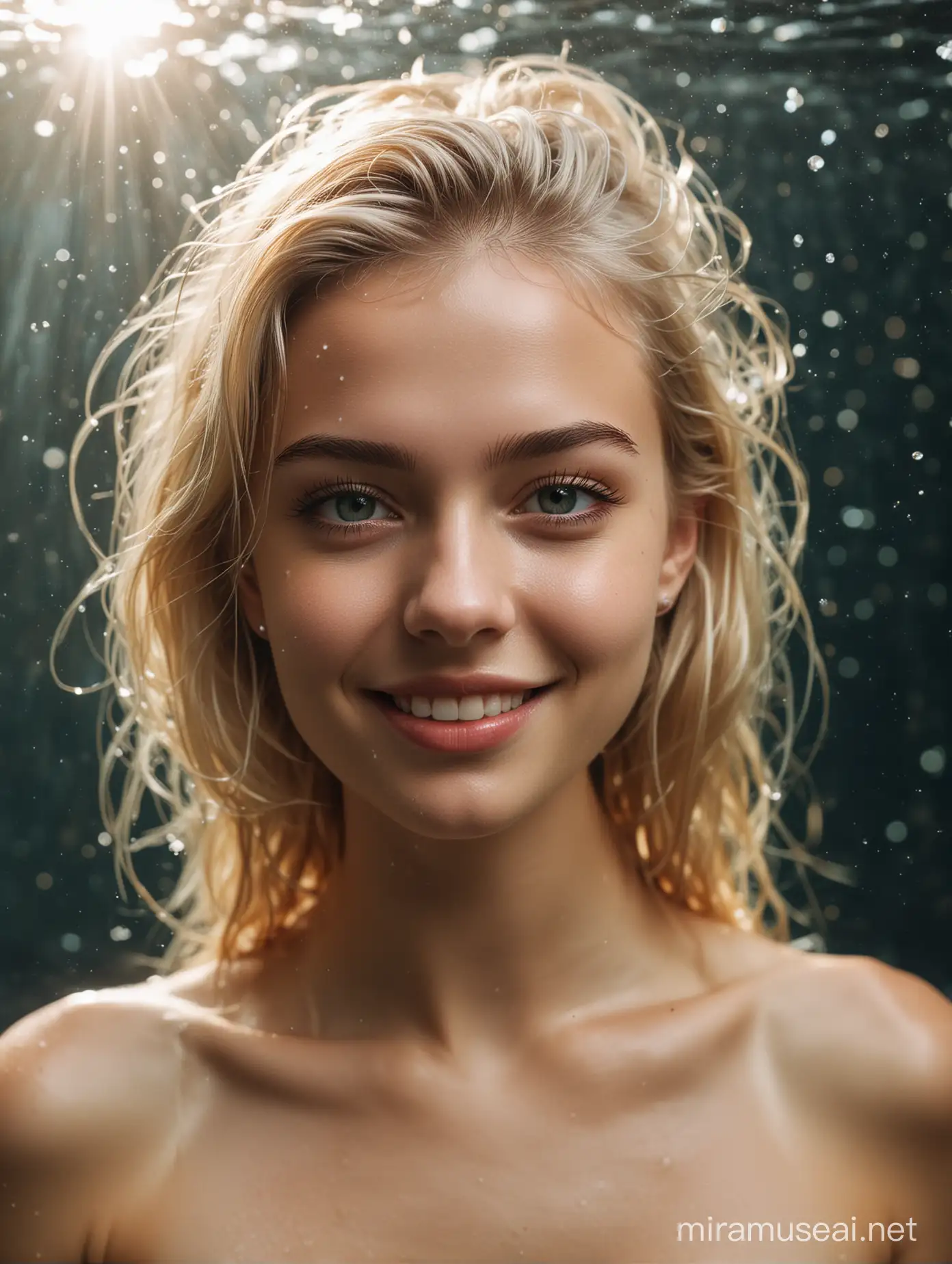 Photo of a beautiful russian 18 y.o model looking at camera, smile, full body, wide shot, detailed skin, film photography, vintage, perfect body, cinematic lighting, realistic, sharp focus, very detailed, 4K HQ, depth of field, f/1.2, Leica, 8K HDR, High contrast, shadows, bokeh, platinum blonde hair, nude under water