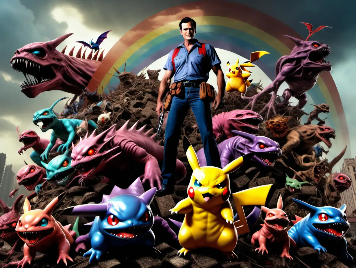 Ash Williams played by Bruce Cambell as a pokemon master standing atop a pile of grotesque dead pokemonesque creatures. Background is realistic rainbow wasteland. In the style of Frank Frazetta.
