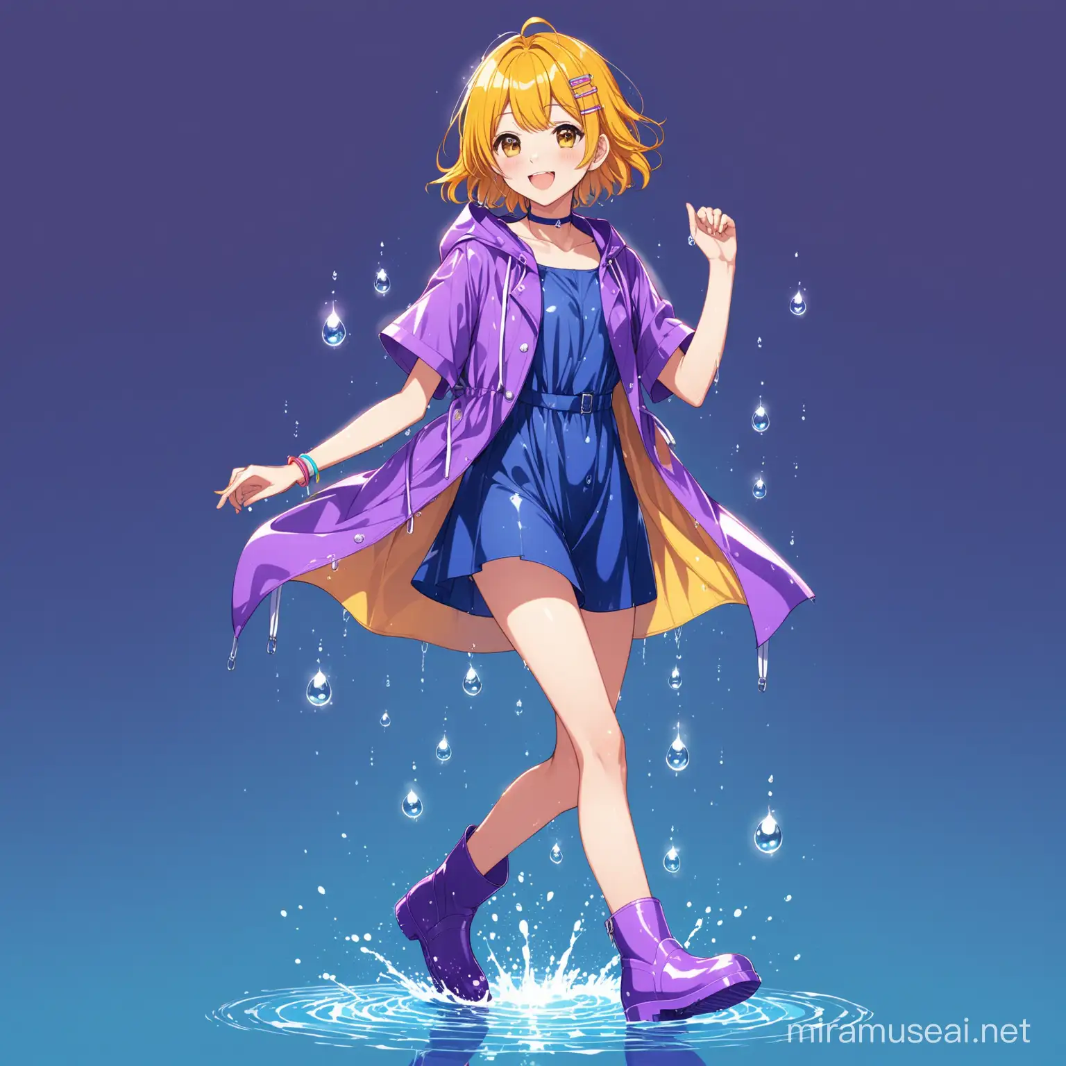 Cheerful Anime Trap Idol in Marigold Hair and Purple Raincoat