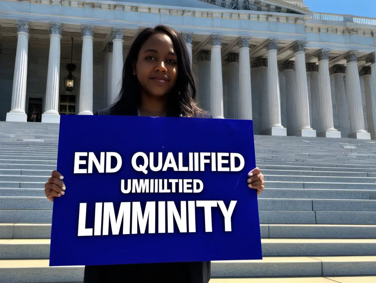 generate a hopeful image with woman wearing blue and holding a sign that says "end qualified immunity" in front of the capitol
