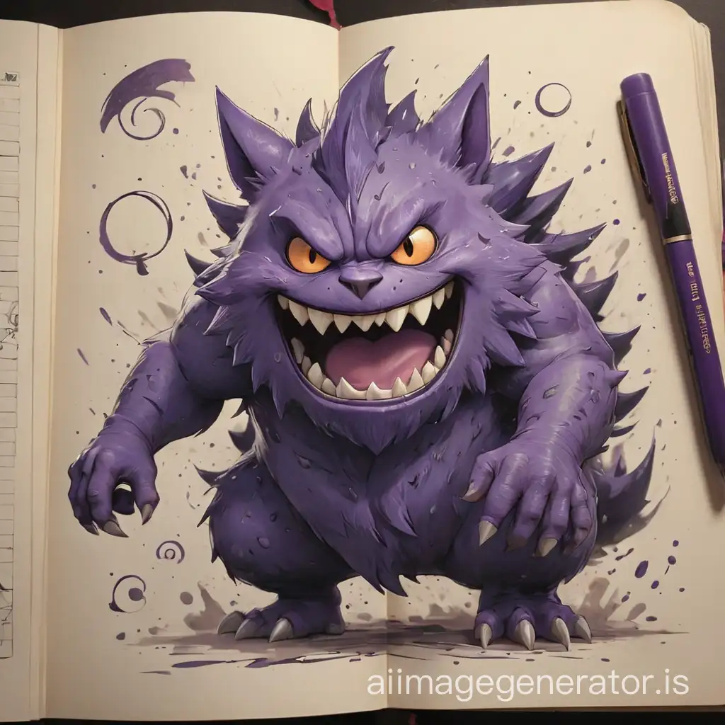 Sketchbook Style, Sketch book, hand drawn, dark, gritty, realistic sketch, Rough sketch, mix of bold dark lines and loose lines, bold lines, on paper, turnaround character sheet, ghost pokemon gengar,  Full purple body, arcane symbols, runes, dark theme, Perfect composition golden ratio, masterpiece, best quality, 4k, sharp focus. Better hand, perfect anatomy, purple