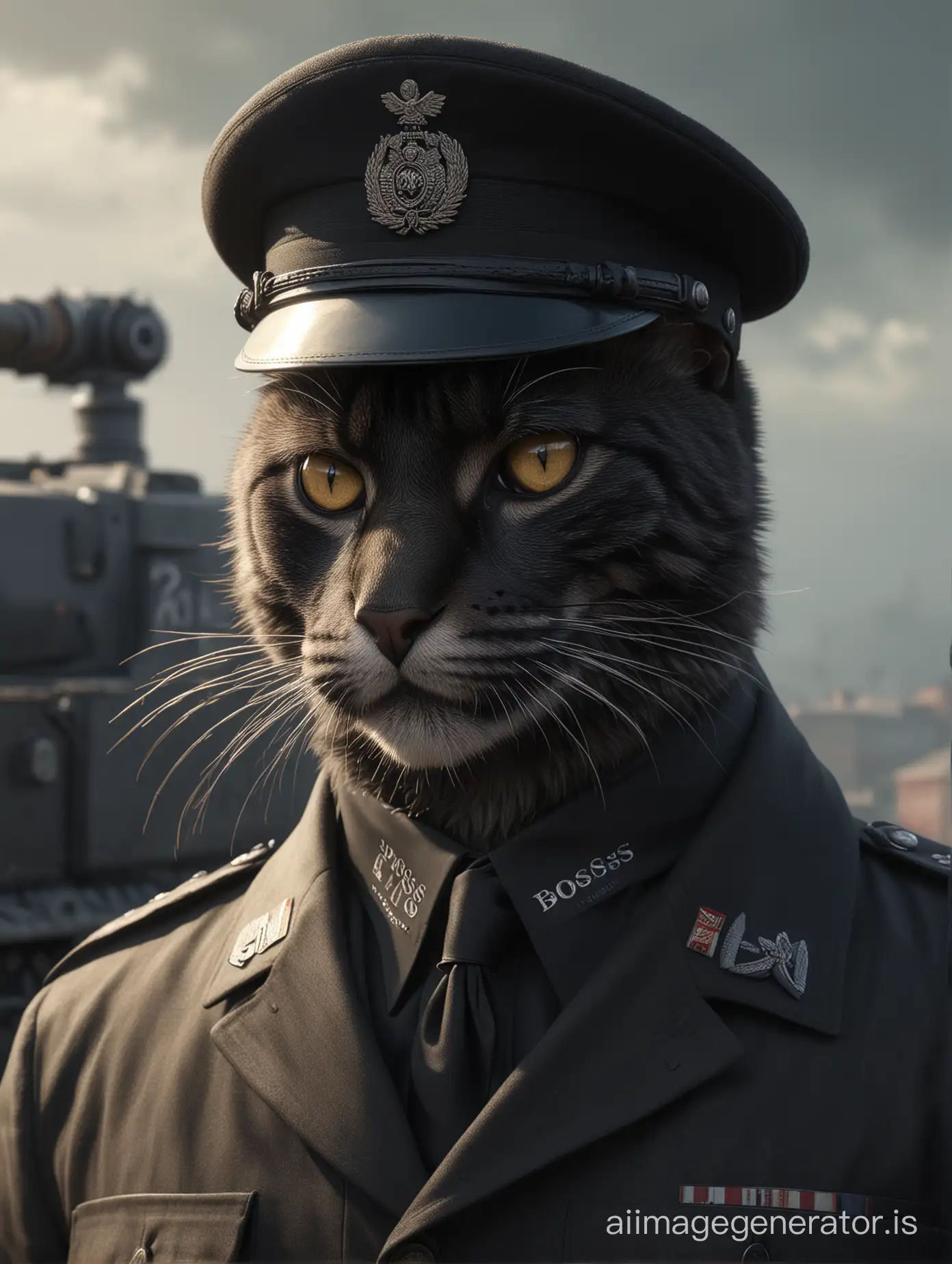 4k, ultra resolution, realistic. Hugo boss German officer black cat 1940's style with near tank tiger