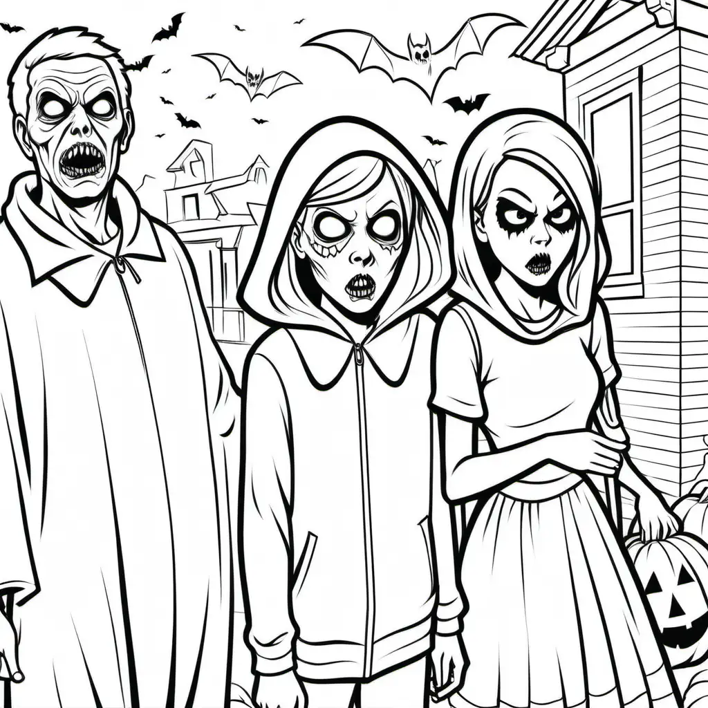 Spooky Teenagers Halloween Coloring Book Page
