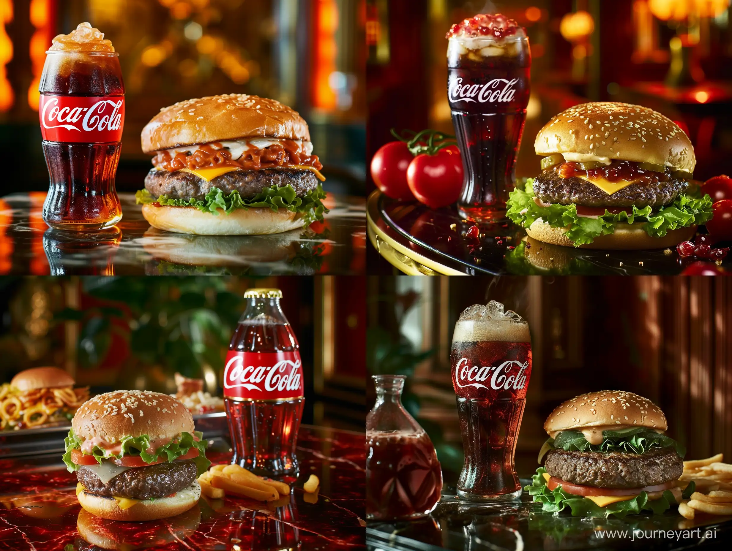 An image to be used on the glass to introduce fast food that uses appetizing colors in this image and shows a hamburger worth 500 dollars and a Coca-Cola on a luxury table, and the hotness of the hamburger and the coolness of the Coca-Cola are clear.