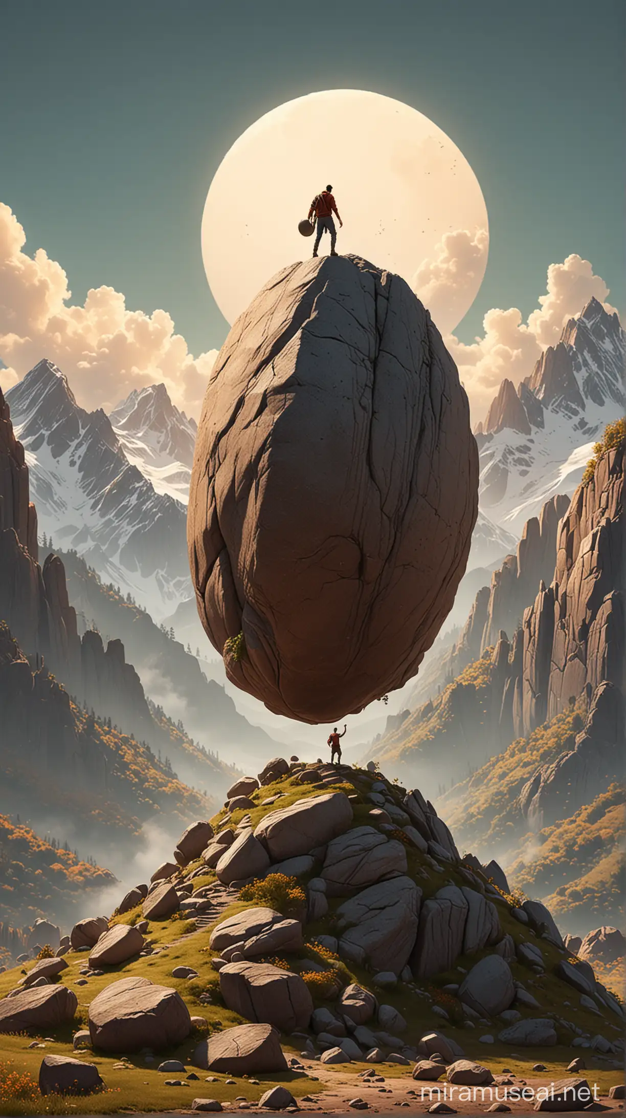 Create a 3D illustrator of scene where a man is standing on a mountain, pushing a huge round Rock from the top of the mountain. Beautiful and spirited background illustrations.