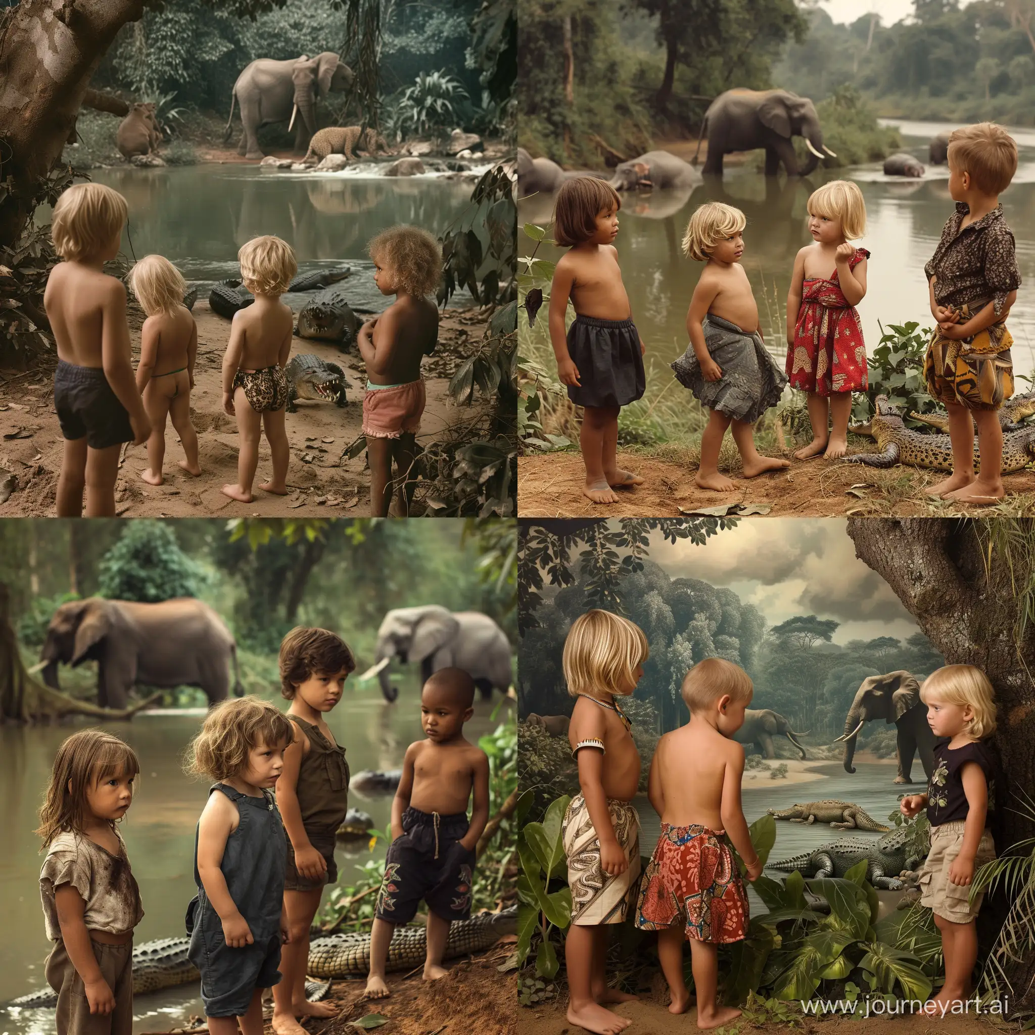 A photograph of three island children alongside Bantu children, exploring the African jungle barefoot. Curious and cautious expressions as they observe elephants and leopards from a distance. A serene river in the scene, with crocodiles and hippos lounging. Created Using: exploration theme, cautious expressions, distant wildlife, serene river backdrop, natural jungle environment, childlike wonder, wildlife harmony, peaceful mood