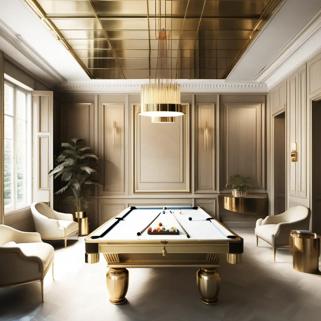 Hyperrealistic image of a modern Parisian pool room; brass, light oak, brass, ivory colour palette;