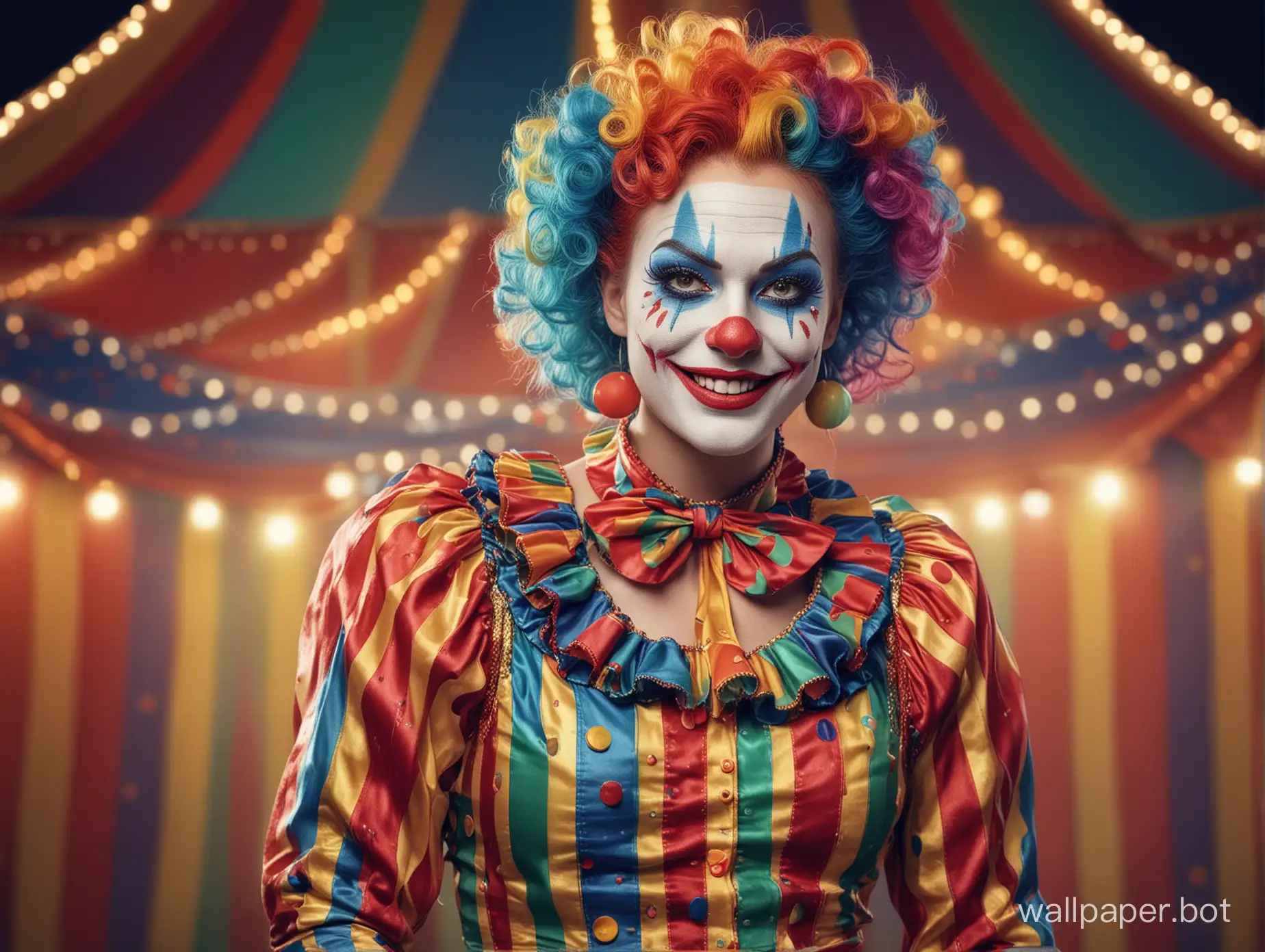 A smiling female clown in full colourful makeup, full body view, standing in front of the big top. detailed features, sharp image.