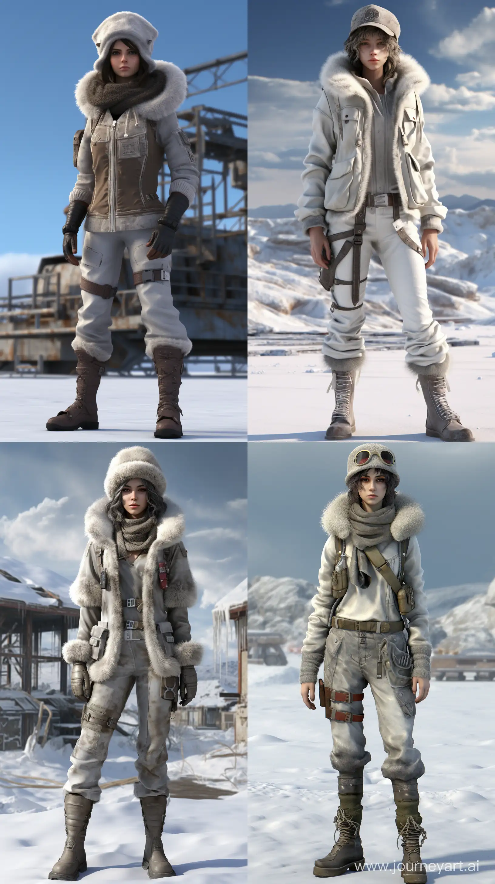 Here is the realistic image of a pretty 18-year-old tomboy woman in a post-apocalyptic setting, dressed in a communist snow camouflage military uniform with a sheepskin aviator hat, snow leggings, and Nutukas. The full-body shot is rendered in a highly detailed 8K resolution, providing a full-length view from head to toe, with the subject centered and uncropped --ar 9:16
