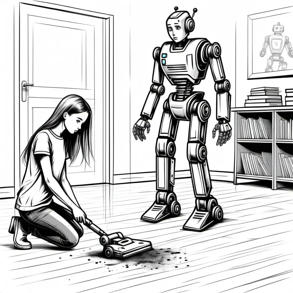 Teenage Girl Observing Upset as School Cleaning Robot Works Art Sketch in Black and White