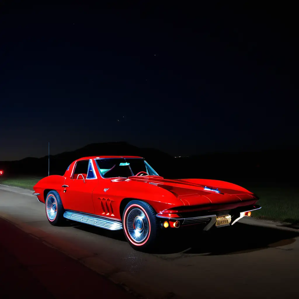 16k high deff. 1966 corvette stingray red metflak paint at night photo.