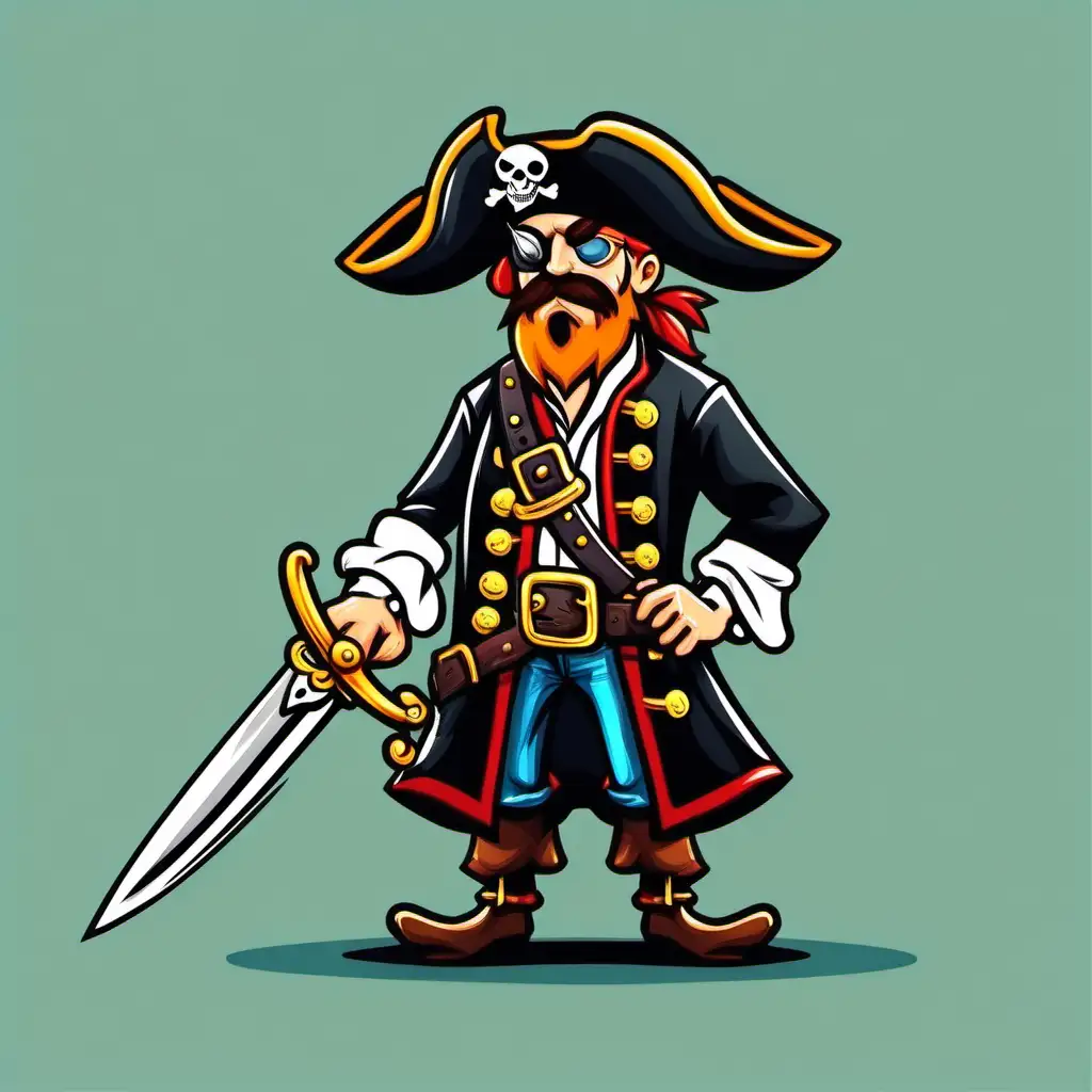 Colorful Cartoon Pirate Holding Sword on White Background