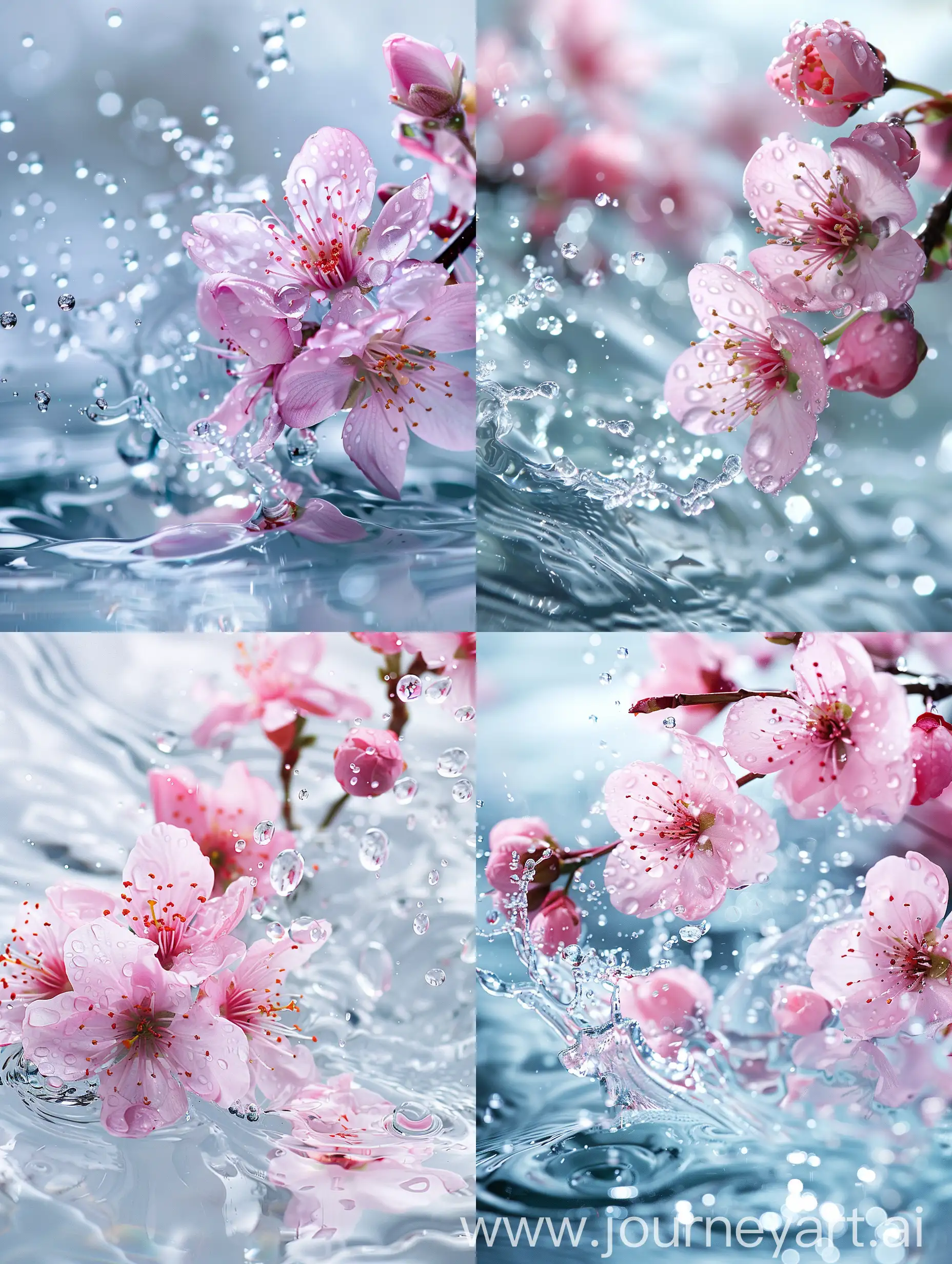 粉红色的桃花，晶莹剔透的珠光水面，水滴飞溅，高清摄影