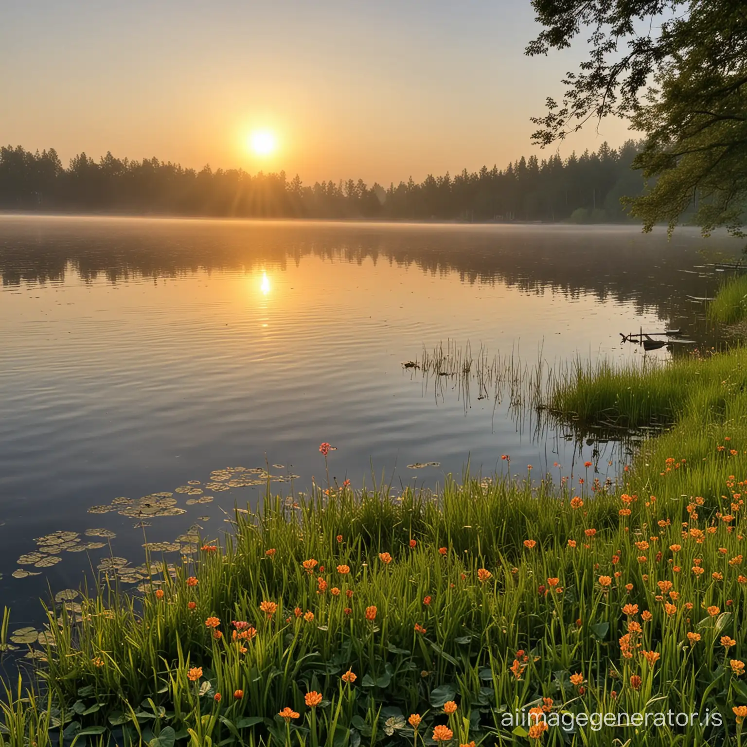 the morning scene, will have the sun coming up at dawn, big lake, flowers, green grass surrounding the large lake, lake water coming towars the camera, big area for lake water