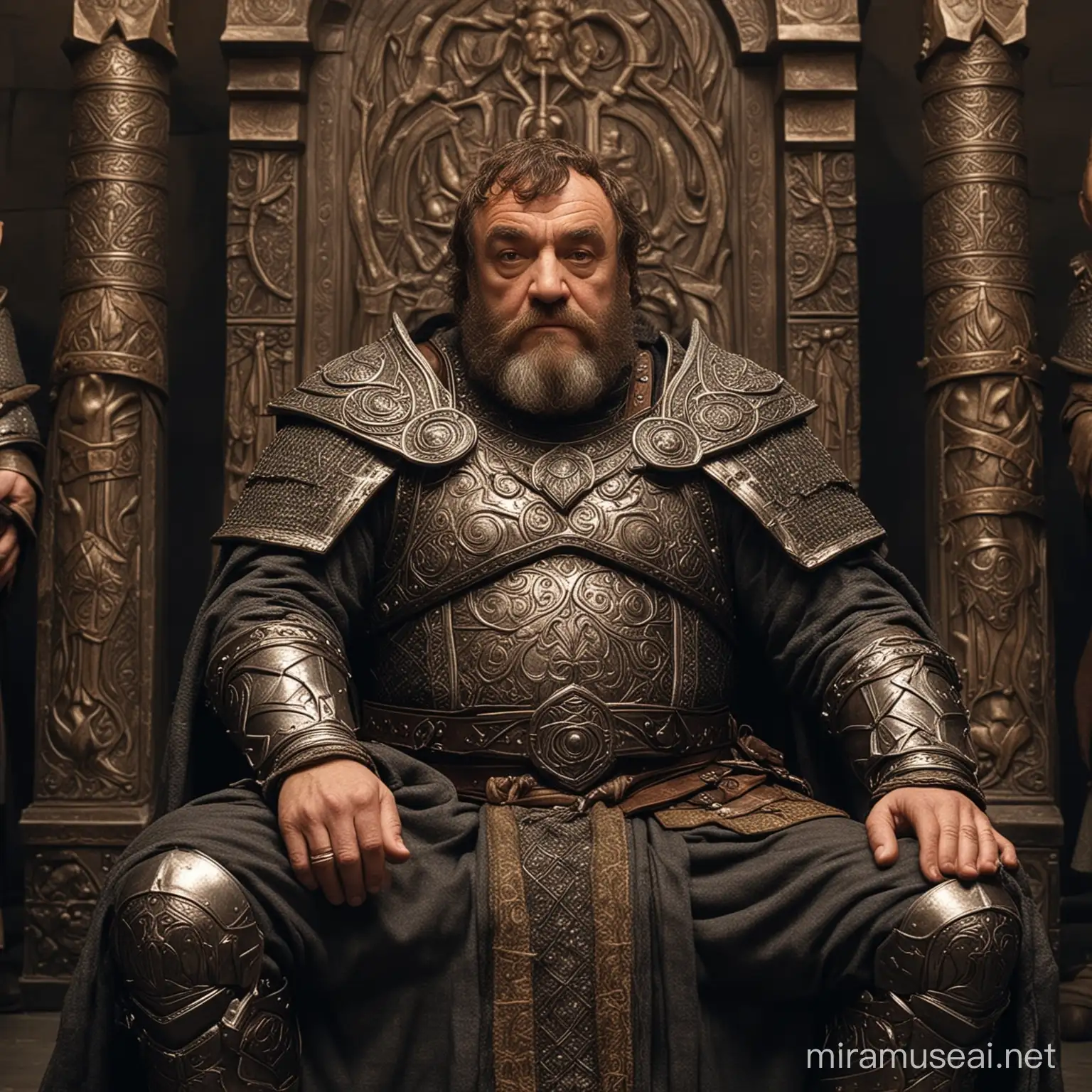 John Rhys-Davies as dwarven king in a throne room, clad in armor.