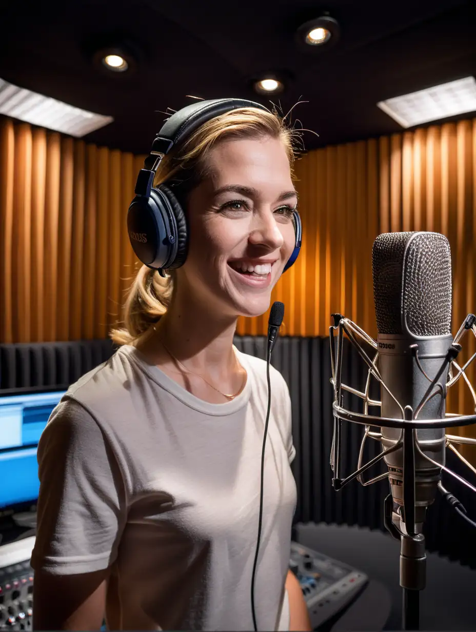 Foreground: A professional voice actoress, smiling a bit stands in a soundproof recording studio. The actor, with a confident and expressive demeanor, is speaking into a high-quality studio microphone equipped with a pop filter. Their headphones are slightly pushed back, resting around their neck, suggesting they are in the midst of a recording session.
Background: Behind the voice actor, the studio is dimly lit, creating a focused and intimate atmosphere. The walls are lined with acoustic foam panels, indicating a professional recording environment.
Additional Elements: On a screen or a stand next to the microphone, a script is visible, with some lines highlighted, suggesting the actor's preparation and attention to detail.
Overall Aesthetic: The image should have a warm and inviting color palette, conveying a sense of creativity and professionalism. The focus is sharply on the actor and the microphone, with a blurred background to emphasize the importance of the voice in commercial voiceovers.
