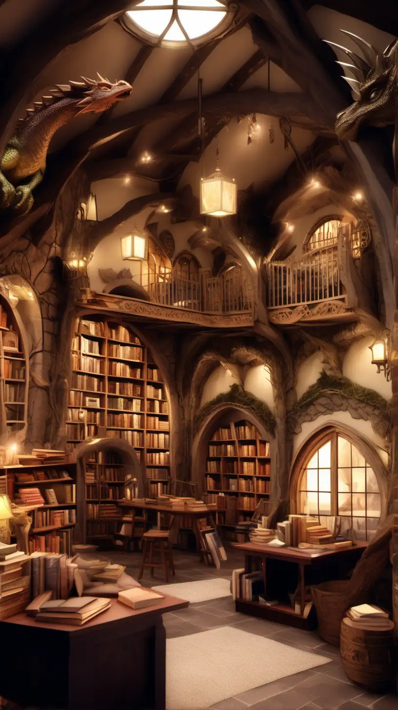 A cute and cozy fantasy bookstore with sleeping dragons and wands laying around in the style of rivendale interior