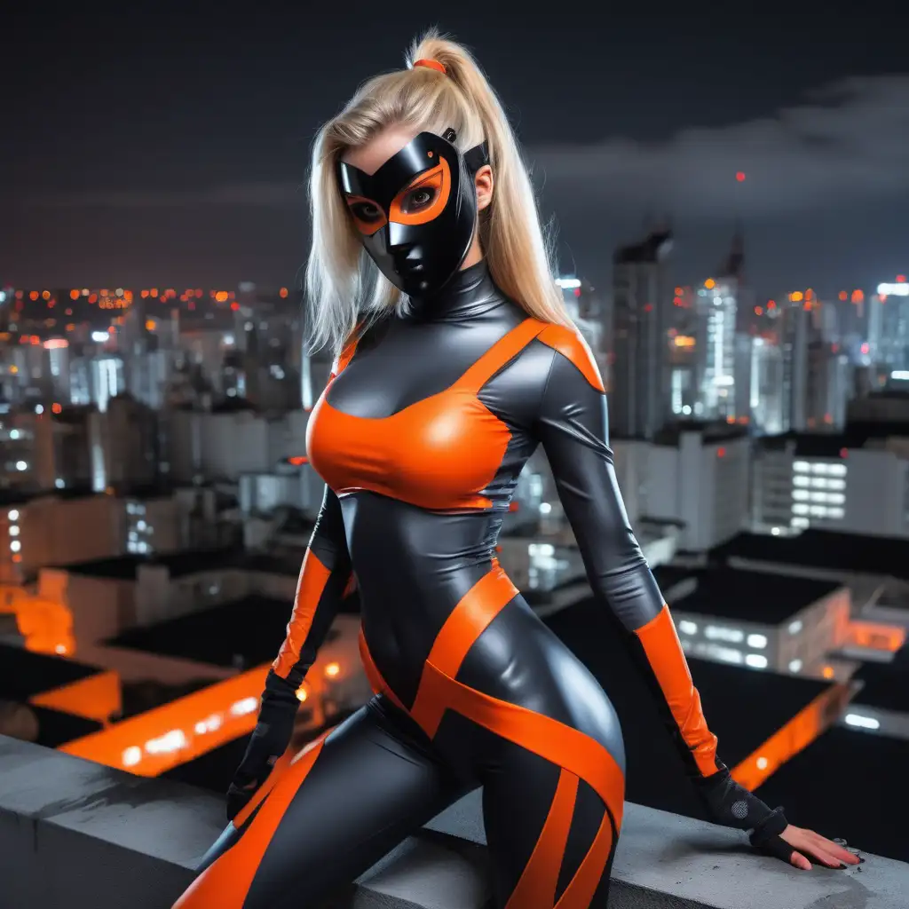 beautiful young woman, blonde hair, skintight black gray orange red costume, black gray orange red mask, high tech guerrilla weapons, city roofs, night